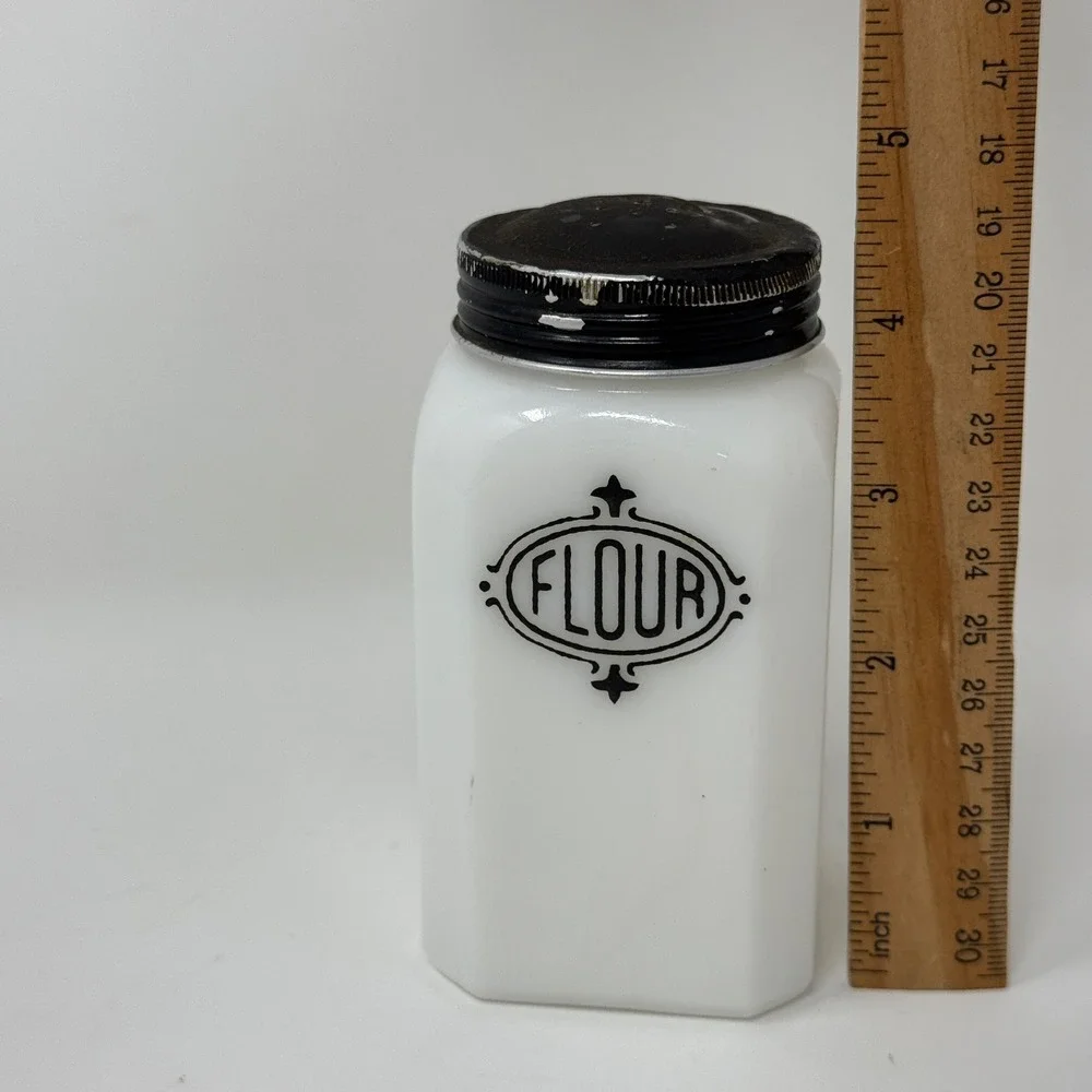 Vintage Hazel Atlas Milk Glass Flour Shaker Black Art Deco Label Metal Lid